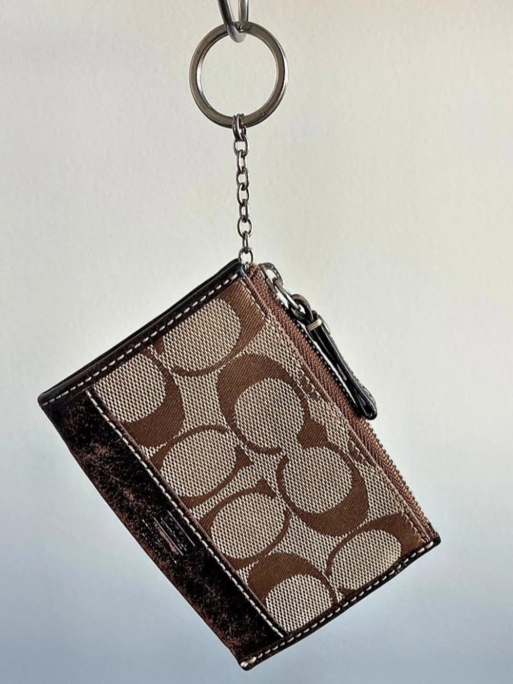 Coach Mini Skinny ID Case In Signature Canvas Brown Wallet